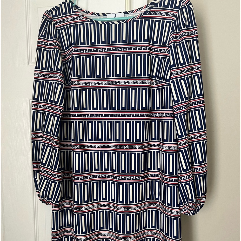 Jude Connally long sleeve shift dress. Size medium. Red, navy, cream.